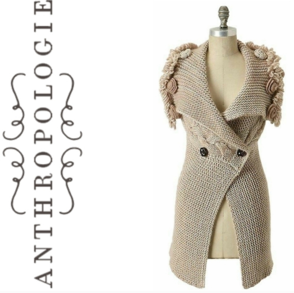 RARE Anthropologie Taupe Knit Wrap Cardigan with Rosette Shoulder Detail